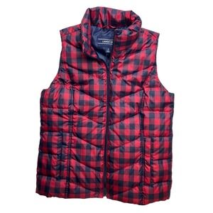 Lands End Womens Plaid Puffer Vest Red Black Full Zip Quilted Down Size S New